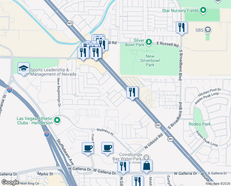 map of restaurants, bars, coffee shops, grocery stores, and more near 6584 Strolling Plains Lane in Henderson