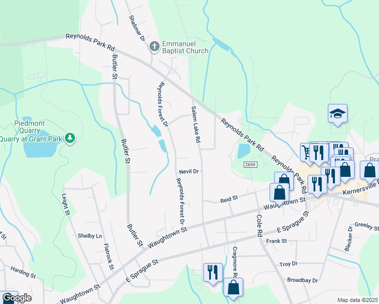 map of restaurants, bars, coffee shops, grocery stores, and more near 2808 Barker Court in Winston-Salem