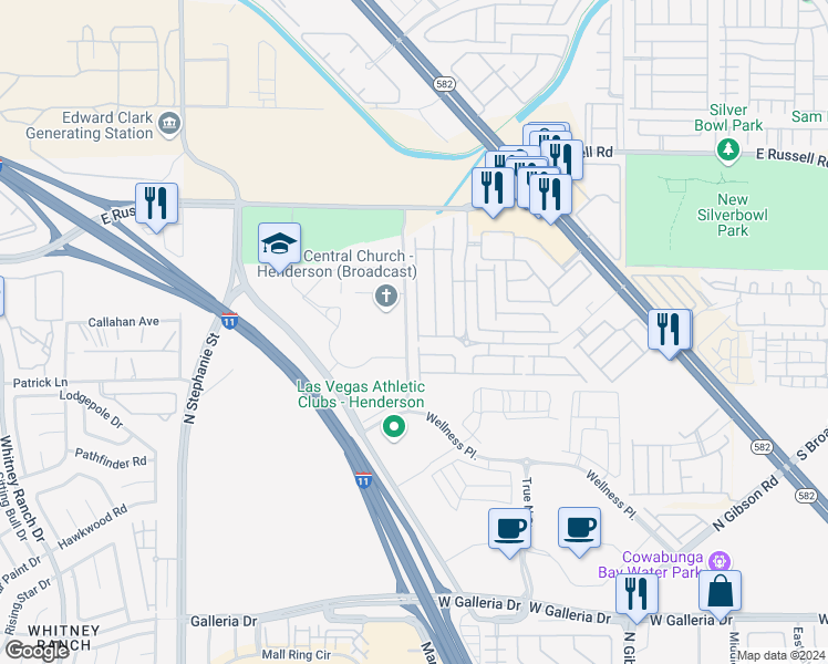 map of restaurants, bars, coffee shops, grocery stores, and more near 6007 Crumbling Ridge Street in Henderson
