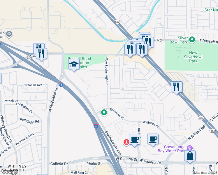 map of restaurants, bars, coffee shops, grocery stores, and more near 6007 Crumbling Ridge Street in Henderson