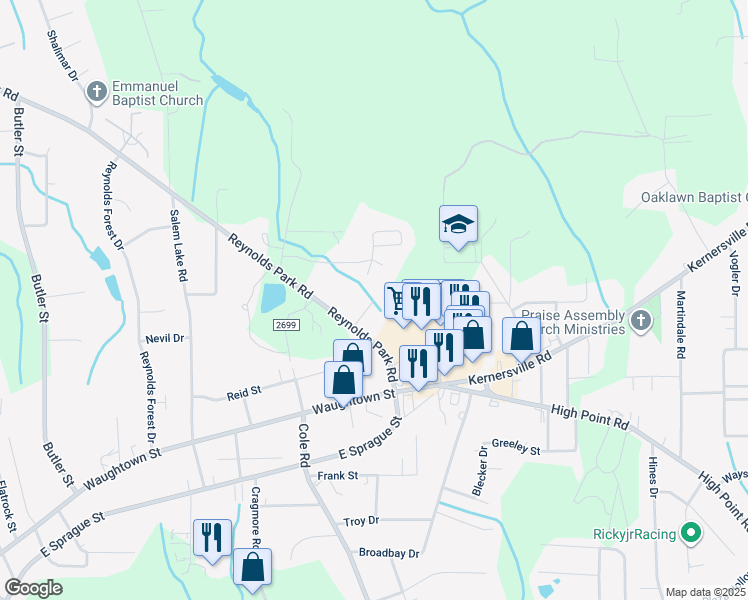map of restaurants, bars, coffee shops, grocery stores, and more near Norvista Cove Southeast in Winston-Salem