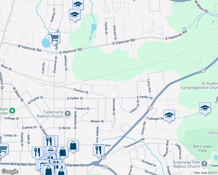 map of restaurants, bars, coffee shops, grocery stores, and more near 435 Shoffner Street in Graham