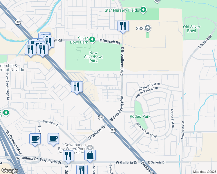 map of restaurants, bars, coffee shops, grocery stores, and more near 6043 Alachua Street in Henderson