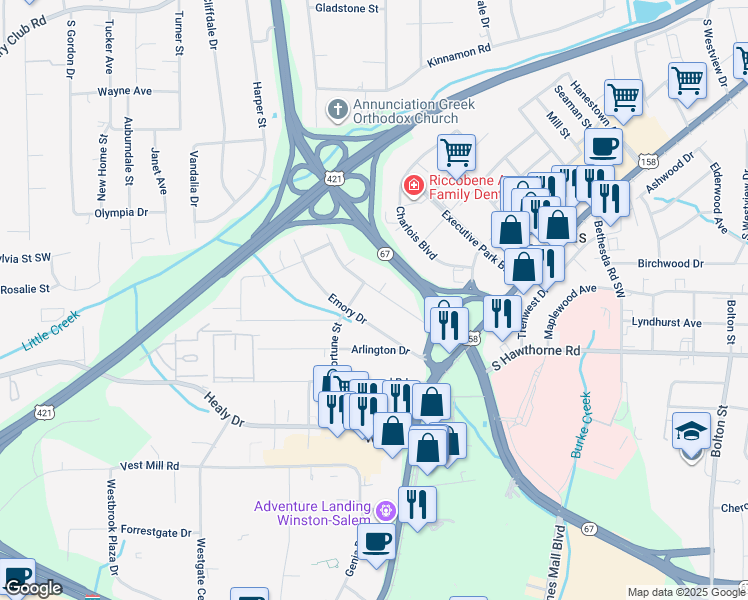 map of restaurants, bars, coffee shops, grocery stores, and more near 2093 South Hawthorne Road in Winston-Salem