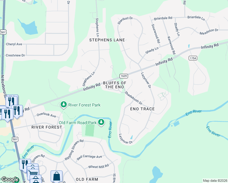map of restaurants, bars, coffee shops, grocery stores, and more near 4307 White Cliff Lane in Durham