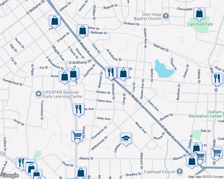 map of restaurants, bars, coffee shops, grocery stores, and more near 1309 Whitsett Street in Burlington