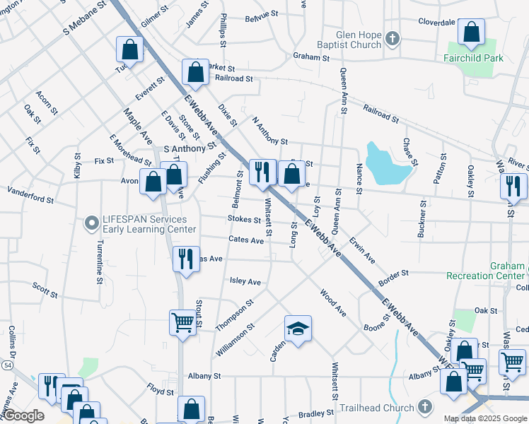 map of restaurants, bars, coffee shops, grocery stores, and more near 1309 Whitsett Street in Burlington