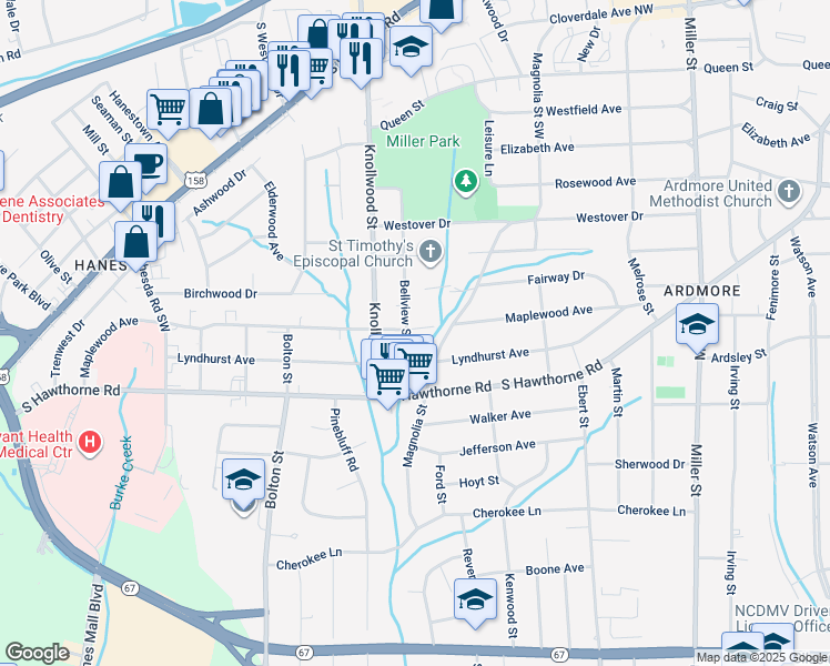 map of restaurants, bars, coffee shops, grocery stores, and more near 917 Bellview Street in Winston-Salem
