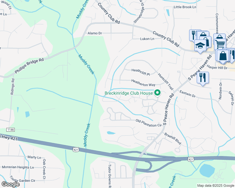 map of restaurants, bars, coffee shops, grocery stores, and more near 216 Ridgehaven Drive in Winston-Salem