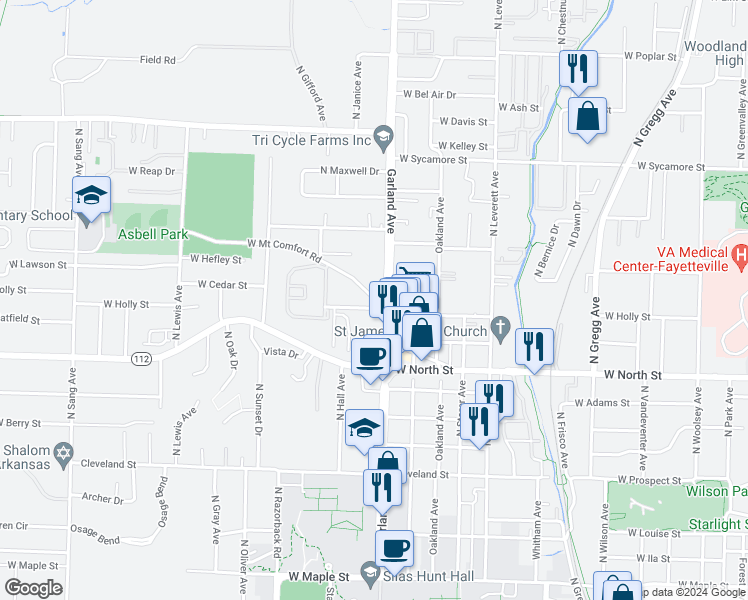 map of restaurants, bars, coffee shops, grocery stores, and more near 1235 W Mt Comfort Rd in Fayetteville