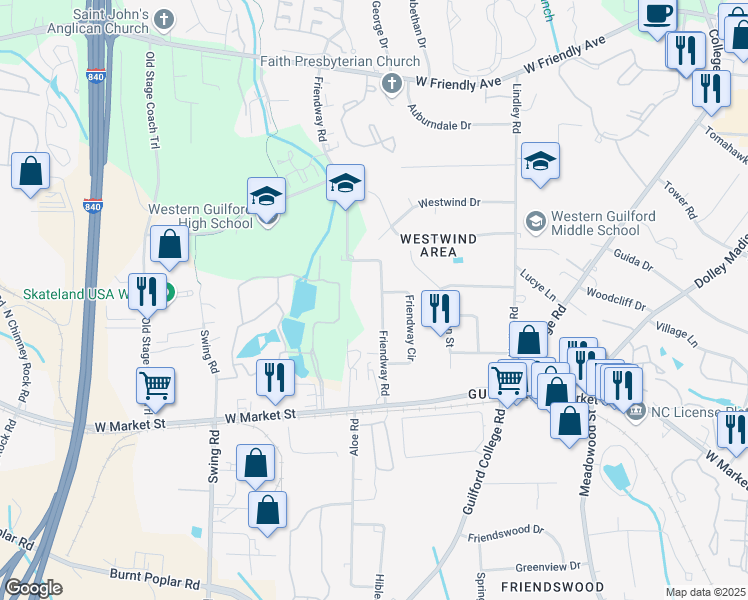 map of restaurants, bars, coffee shops, grocery stores, and more near 219 Friendway Road in Greensboro