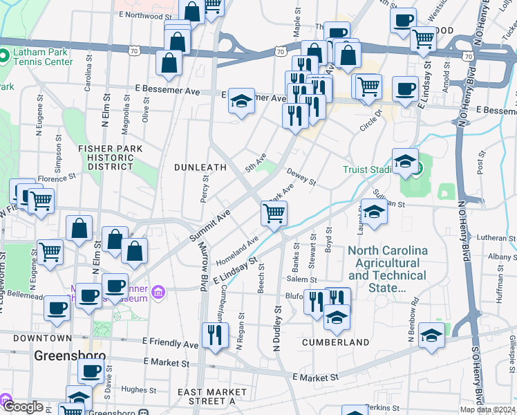 map of restaurants, bars, coffee shops, grocery stores, and more near 625 Park Avenue in Greensboro