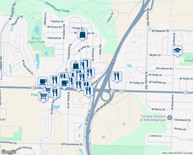 map of restaurants, bars, coffee shops, grocery stores, and more near 1251 North Shiloh Drive in Fayetteville