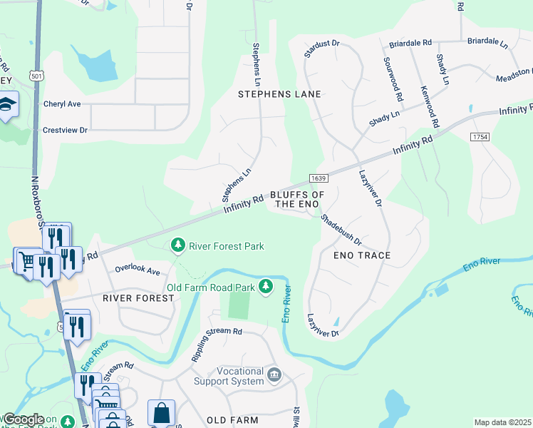map of restaurants, bars, coffee shops, grocery stores, and more near 610 Infinity Road in Durham