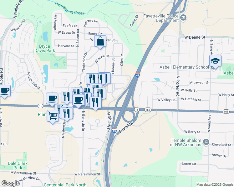 map of restaurants, bars, coffee shops, grocery stores, and more near 1251 North Shiloh Drive in Fayetteville