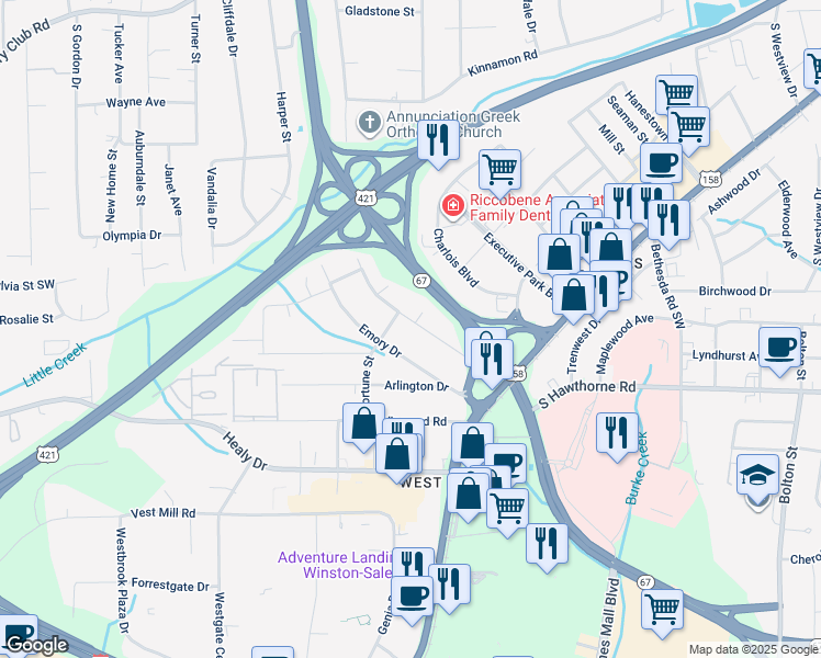map of restaurants, bars, coffee shops, grocery stores, and more near 2093 South Hawthorne Road in Winston-Salem