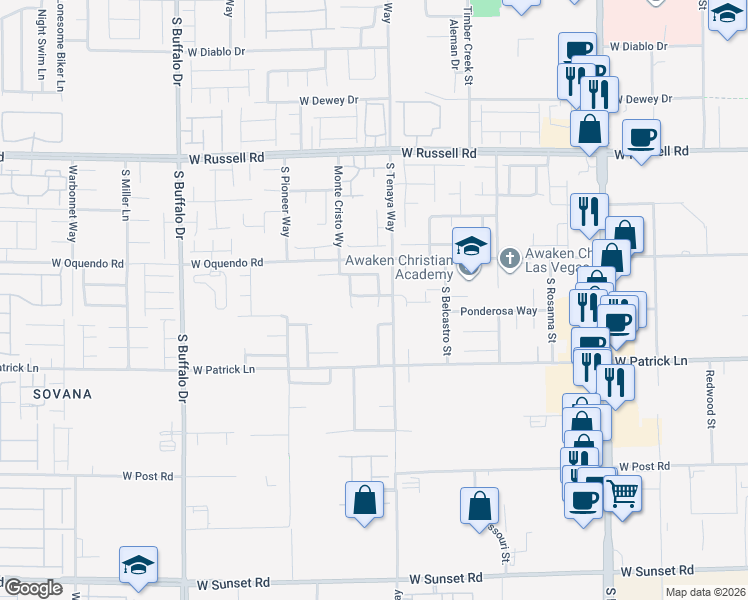 map of restaurants, bars, coffee shops, grocery stores, and more near 7386 Charterhouse Way in Las Vegas