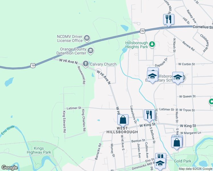 map of restaurants, bars, coffee shops, grocery stores, and more near 315 West Hill Avenue North in Hillsborough