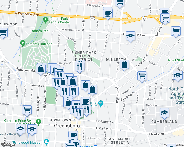 map of restaurants, bars, coffee shops, grocery stores, and more near 129 East Fisher Avenue in Greensboro