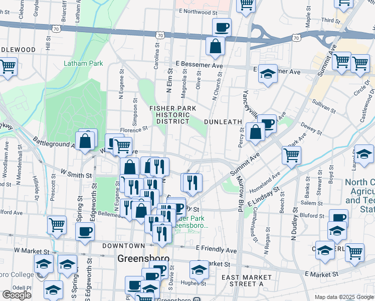 map of restaurants, bars, coffee shops, grocery stores, and more near 129 East Fisher Avenue in Greensboro