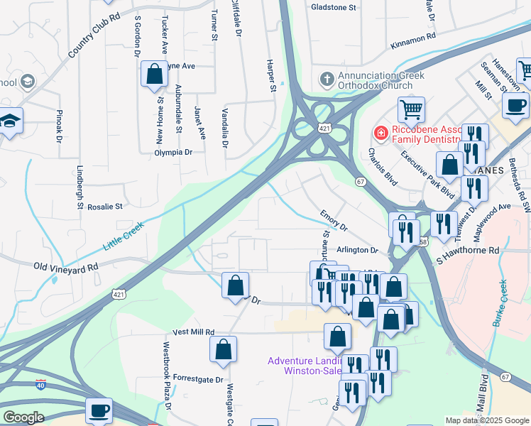 map of restaurants, bars, coffee shops, grocery stores, and more near in Winston-Salem