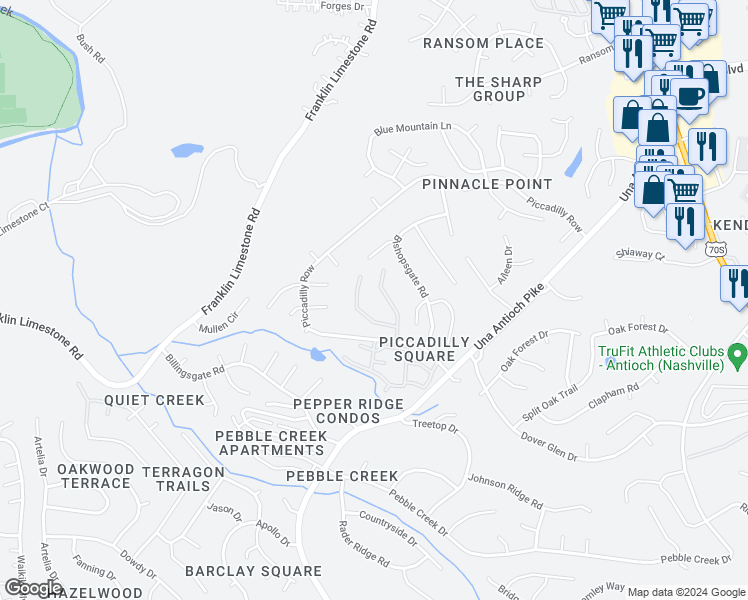 map of restaurants, bars, coffee shops, grocery stores, and more near 512 Piccadilly Row in Nashville