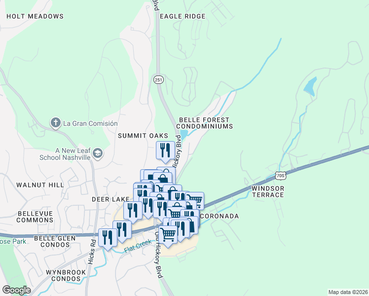map of restaurants, bars, coffee shops, grocery stores, and more near 210 Old Hickory Boulevard in Nashville