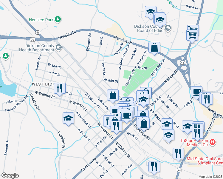 map of restaurants, bars, coffee shops, grocery stores, and more near in Dickson