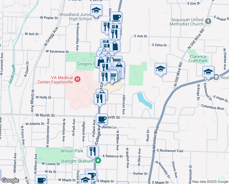 map of restaurants, bars, coffee shops, grocery stores, and more near 309 East Abshier Drive in Fayetteville