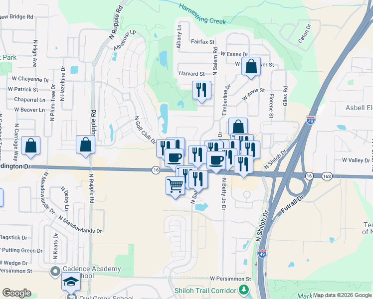 map of restaurants, bars, coffee shops, grocery stores, and more near 3476 West Chevaux Drive in Fayetteville