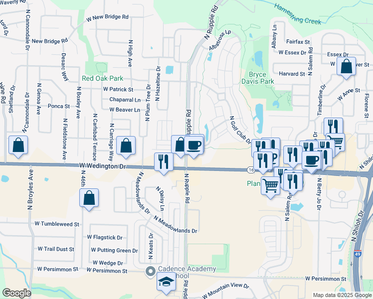 map of restaurants, bars, coffee shops, grocery stores, and more near 1163 N Rupple Rd in Fayetteville