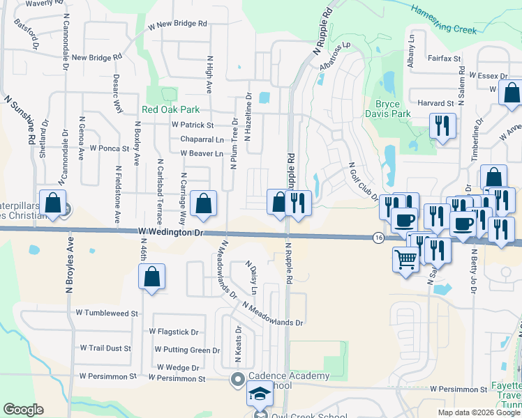 map of restaurants, bars, coffee shops, grocery stores, and more near 1210 North Garland Avenue in Fayetteville