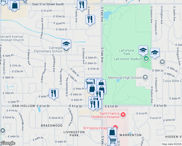 map of restaurants, bars, coffee shops, grocery stores, and more near 4648 East 57th Place in Tulsa
