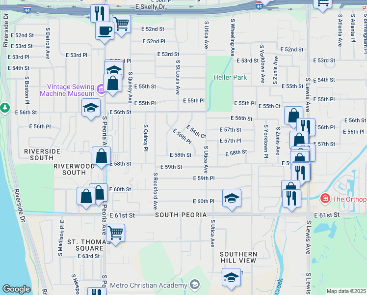 map of restaurants, bars, coffee shops, grocery stores, and more near 1565 East 58th Street in Tulsa