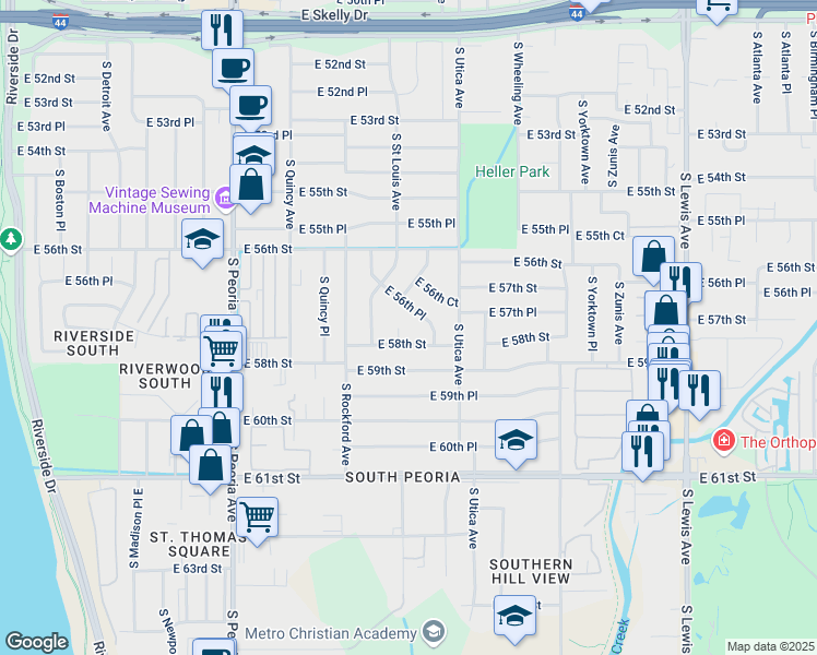 map of restaurants, bars, coffee shops, grocery stores, and more near 1565 East 58th Street in Tulsa