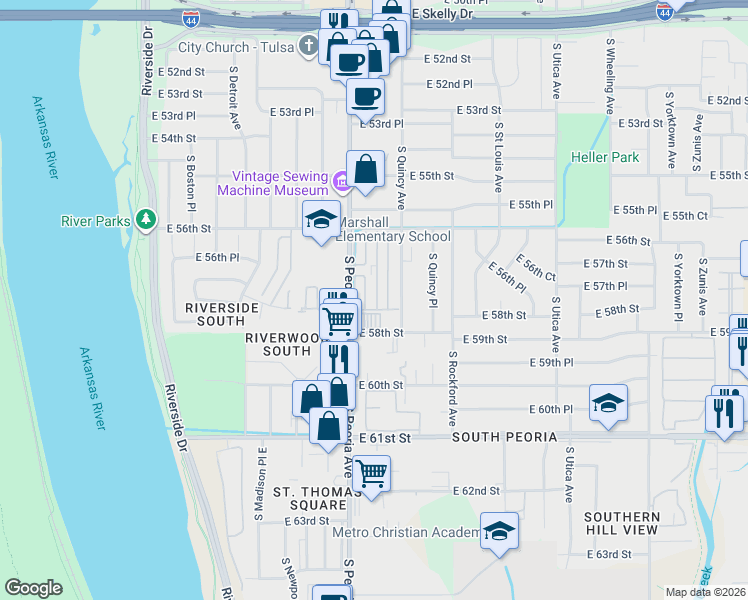 map of restaurants, bars, coffee shops, grocery stores, and more near 6252 South Quaker Avenue in Tulsa