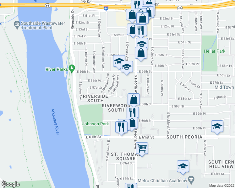 map of restaurants, bars, coffee shops, grocery stores, and more near 1030 East 57th Place in Tulsa