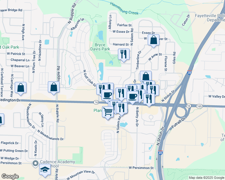 map of restaurants, bars, coffee shops, grocery stores, and more near 3485 West Chevaux Drive in Fayetteville