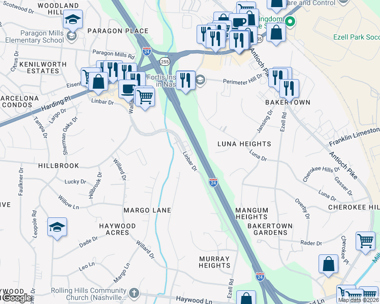 map of restaurants, bars, coffee shops, grocery stores, and more near 5174 Linbar Drive in Nashville