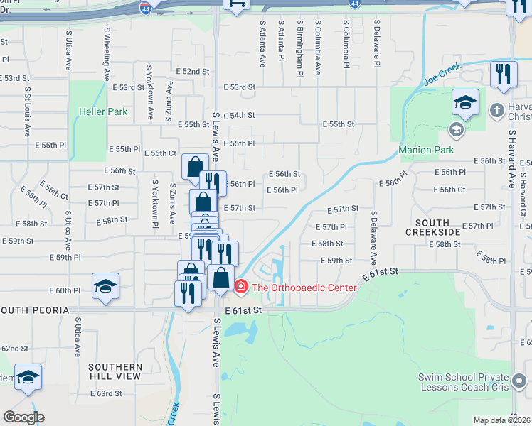 map of restaurants, bars, coffee shops, grocery stores, and more near 5721 South Lewis Avenue in Tulsa