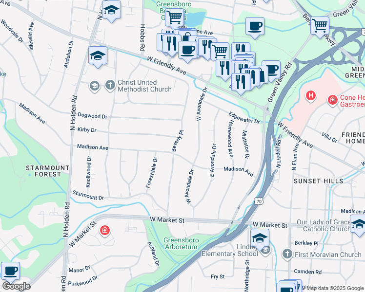 map of restaurants, bars, coffee shops, grocery stores, and more near 200 Beverly Place in Greensboro