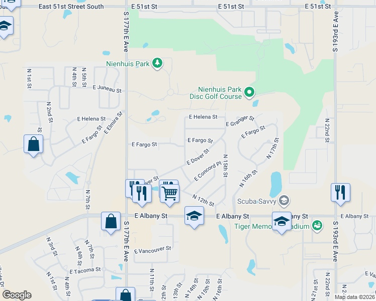 map of restaurants, bars, coffee shops, grocery stores, and more near 2704 North 13th Street in Broken Arrow