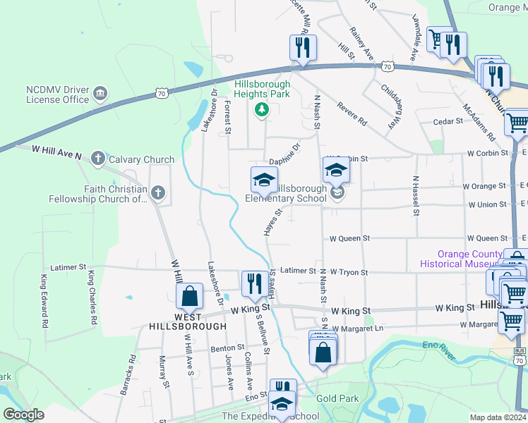 map of restaurants, bars, coffee shops, grocery stores, and more near 154 Hayes Street in Hillsborough