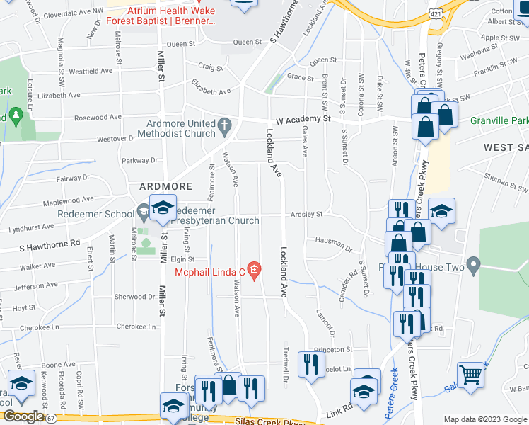 map of restaurants, bars, coffee shops, grocery stores, and more near 893 Madison Avenue in Winston-Salem