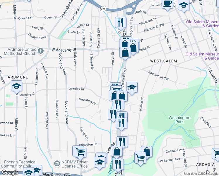 map of restaurants, bars, coffee shops, grocery stores, and more near 755 Anson Street Southwest in Winston-Salem