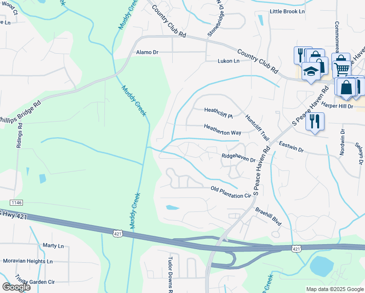 map of restaurants, bars, coffee shops, grocery stores, and more near 216 Ridgehaven Drive in Winston-Salem