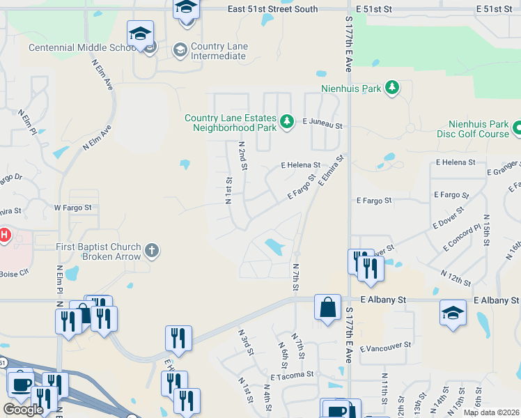 map of restaurants, bars, coffee shops, grocery stores, and more near 217 East Fargo Street in Broken Arrow