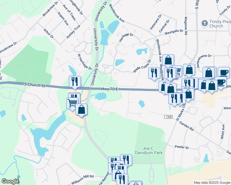 map of restaurants, bars, coffee shops, grocery stores, and more near 3804 South Church Street in Burlington