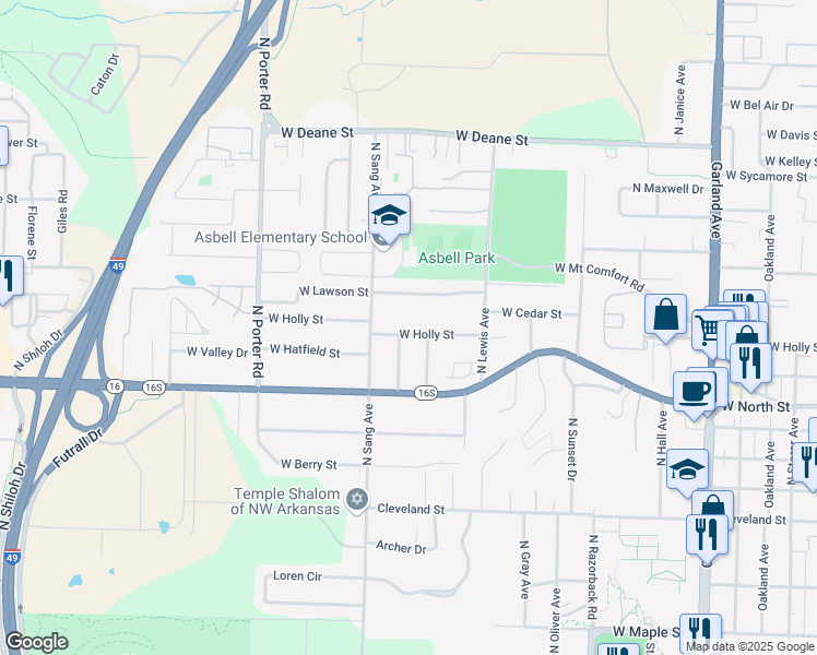 map of restaurants, bars, coffee shops, grocery stores, and more near 1922 West Holly Street in Fayetteville