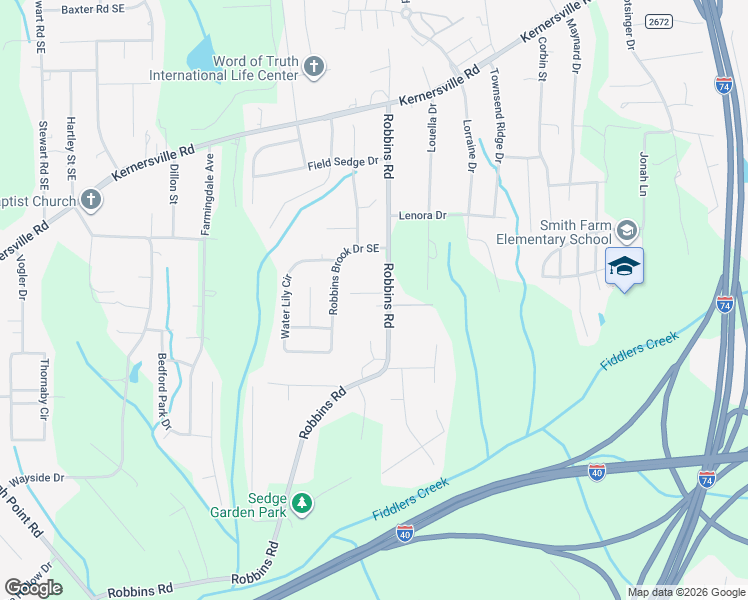map of restaurants, bars, coffee shops, grocery stores, and more near 256 Robbins Road in Winston-Salem